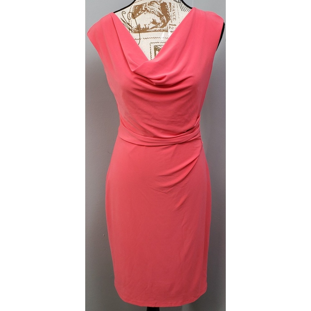 Lauren Ralph Lauren Sheath Dress Womens 4 Pink Lined Ruched Sleeveless Cowl Neck